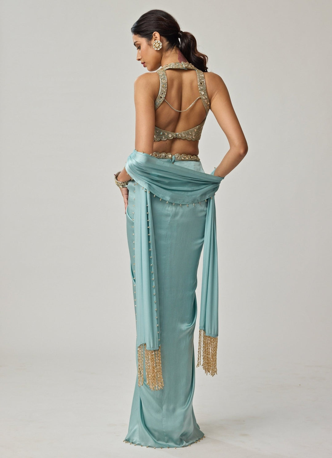 Powder Blue Mirror Embroidered Satin Draped Skirt Set Vvani by Vani Vats - Fabilicious Fashion