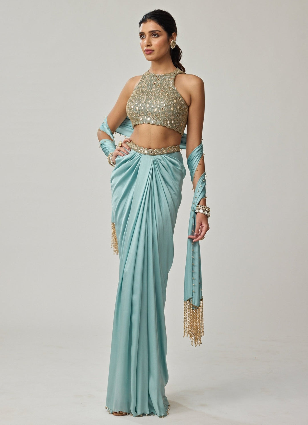 Powder Blue Mirror Embroidered Satin Draped Skirt Set Vvani by Vani Vats - Fabilicious Fashion