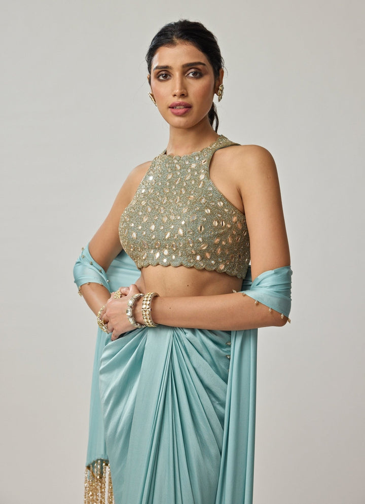 Powder Blue Mirror Embroidered Satin Draped Skirt Set Vvani by Vani Vats - Fabilicious Fashion
