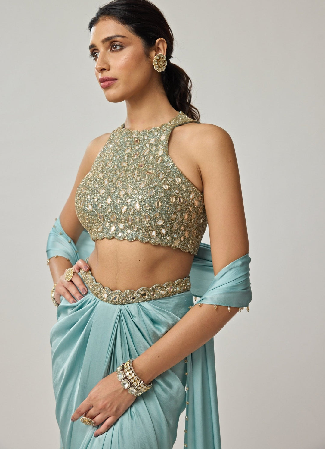 Powder Blue Mirror Embroidered Satin Draped Skirt Set Vvani by Vani Vats - Fabilicious Fashion
