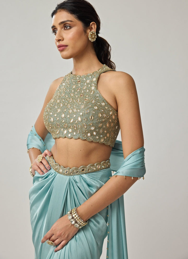 Powder Blue Mirror Embroidered Satin Draped Skirt Set Vvani by Vani Vats - Fabilicious Fashion