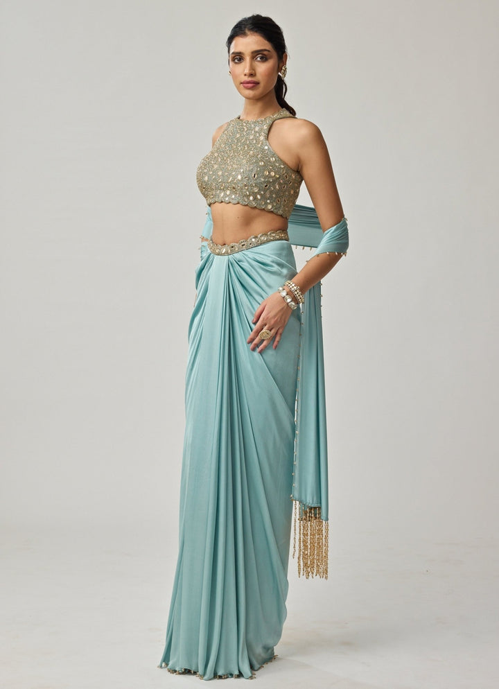 Powder Blue Mirror Embroidered Satin Draped Skirt Set Vvani by Vani Vats - Fabilicious Fashion