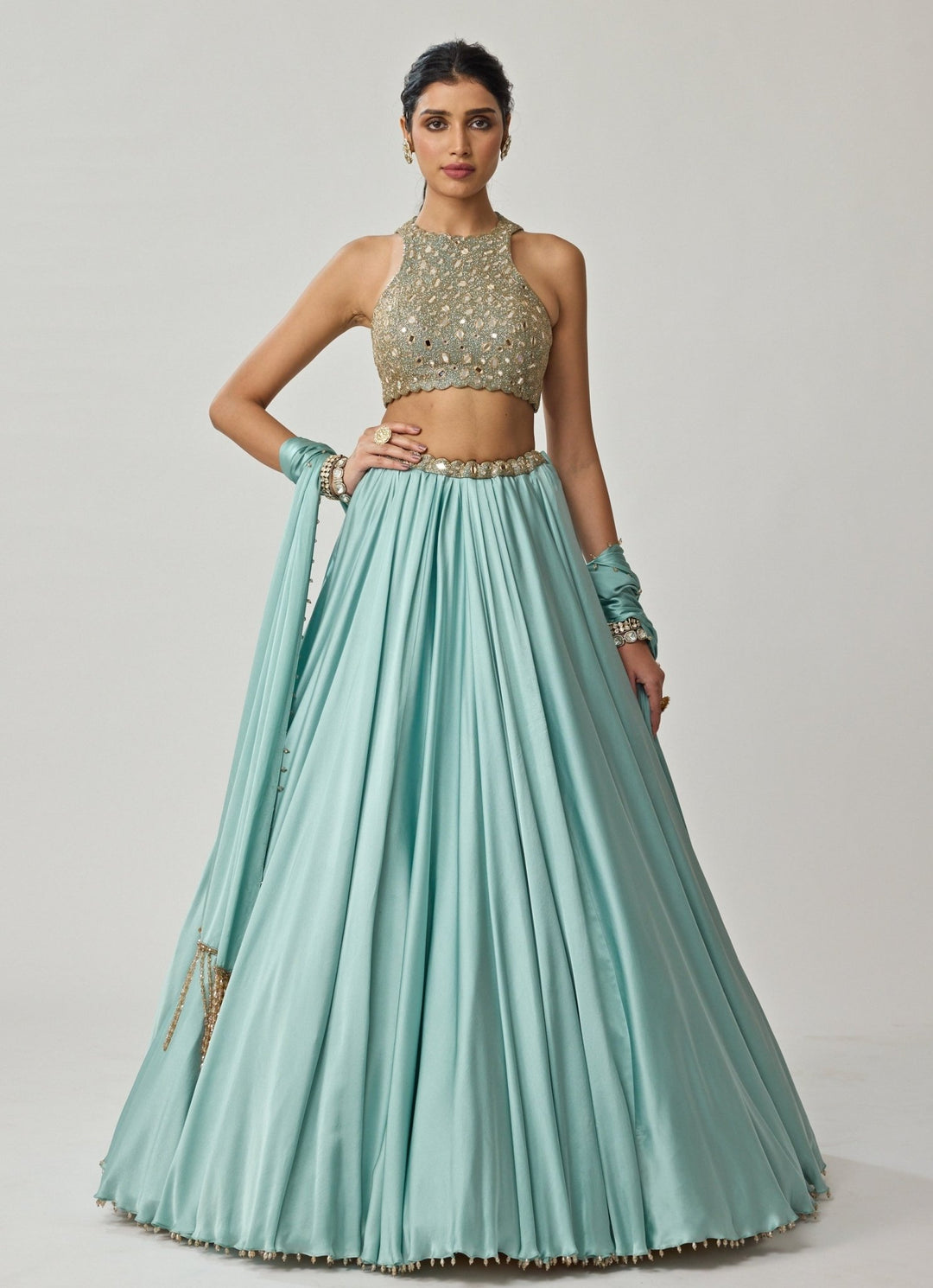 Powder Blue Mirror Embroidered Satin Lehenga Set Vvani by Vani Vats - Fabilicious Fashion
