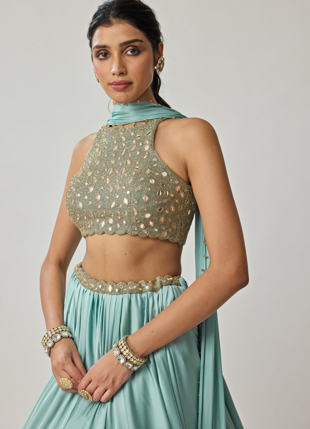 Powder Blue Mirror Embroidered Satin Lehenga Set Vvani by Vani Vats - Fabilicious Fashion