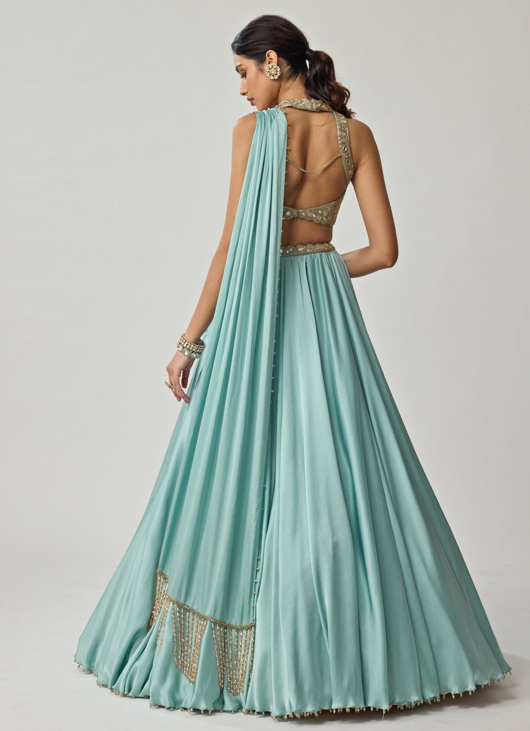 Powder Blue Mirror Embroidered Satin Lehenga Set Vvani by Vani Vats - Fabilicious Fashion
