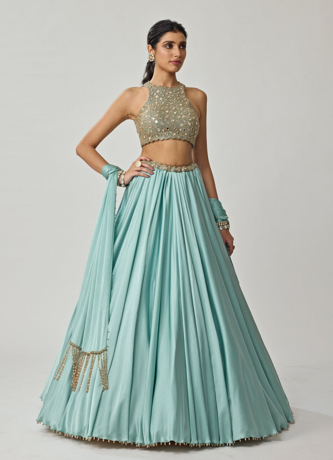 Powder Blue Mirror Embroidered Satin Lehenga Set Vvani by Vani Vats - Fabilicious Fashion