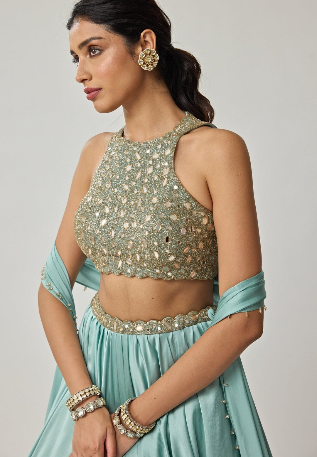 Powder Blue Mirror Embroidered Satin Lehenga Set Vvani by Vani Vats - Fabilicious Fashion