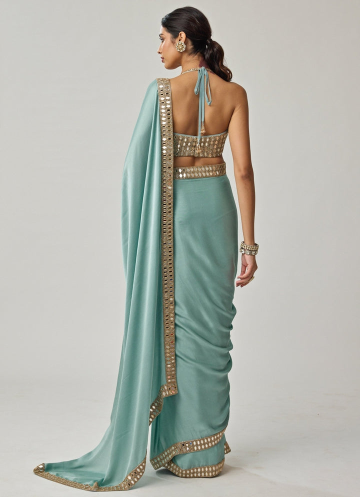 Powder Blue Mirror Embroidered Satin Saree Set Vvani by Vani Vats - Fabilicious Fashion
