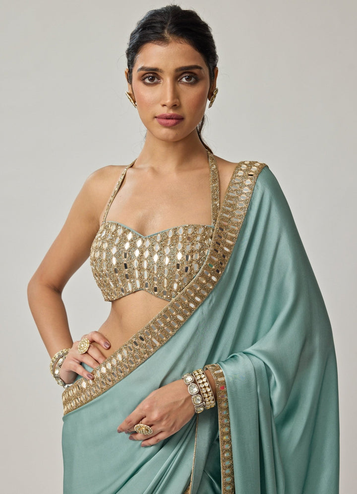 Powder Blue Mirror Embroidered Satin Saree Set Vvani by Vani Vats - Fabilicious Fashion