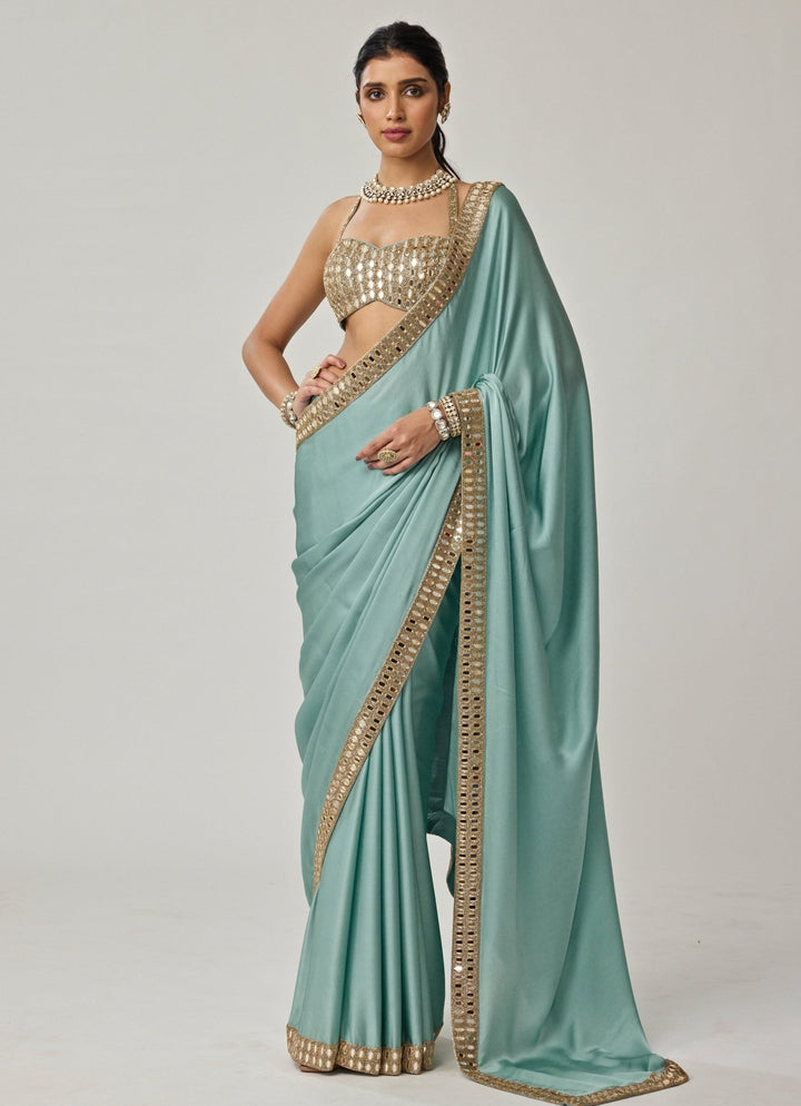 Powder Blue Mirror Embroidered Satin Saree Set Vvani by Vani Vats - Fabilicious Fashion