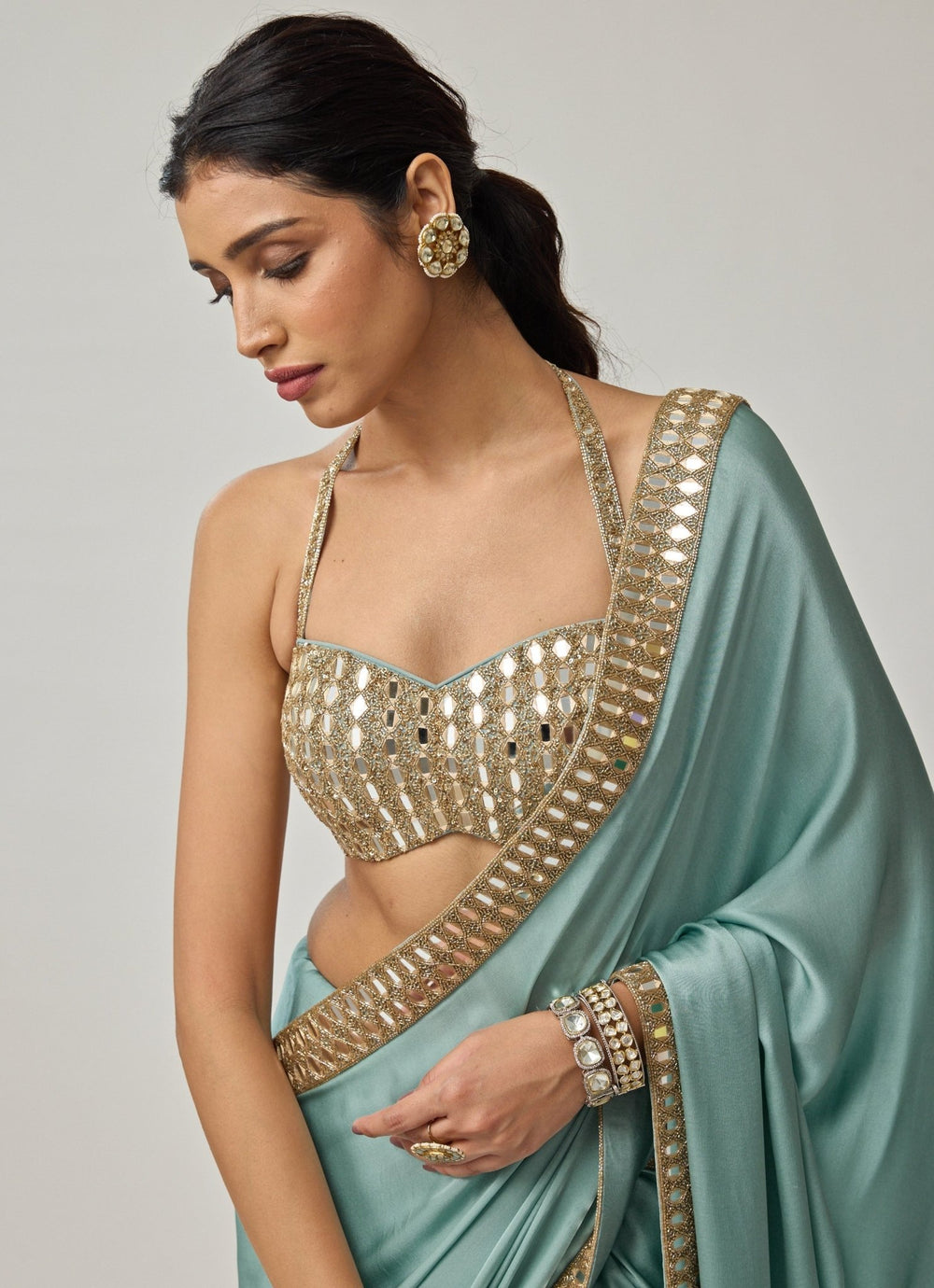 Powder Blue Mirror Embroidered Satin Saree Set Vvani by Vani Vats - Fabilicious Fashion