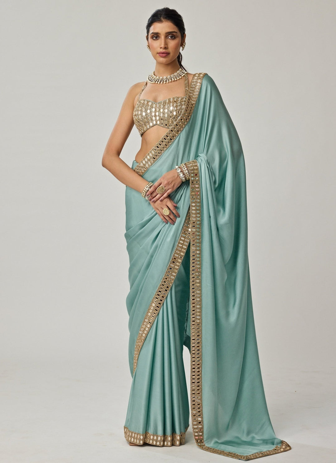Powder Blue Mirror Embroidered Satin Saree Set Vvani by Vani Vats - Fabilicious Fashion