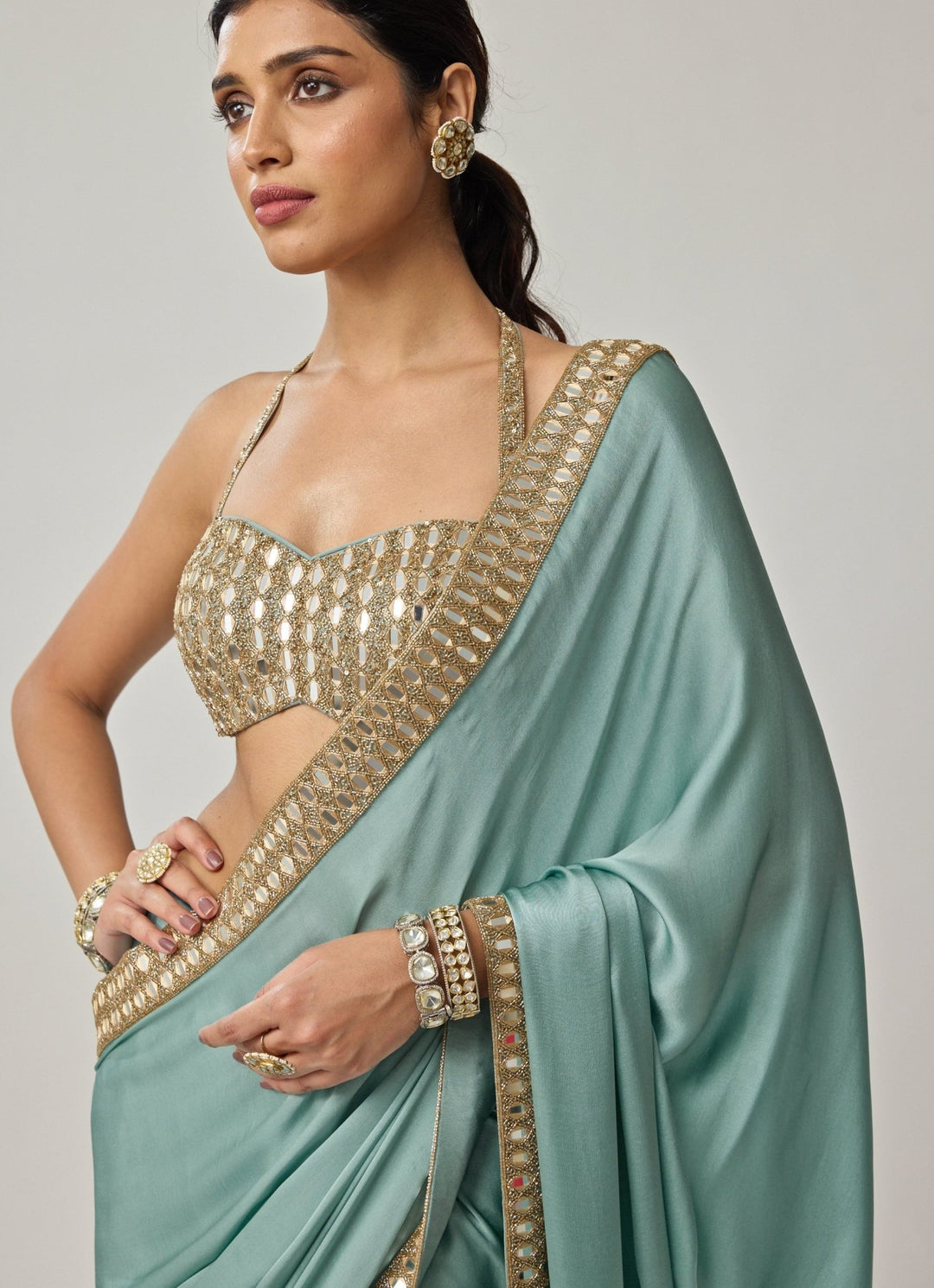 Powder Blue Mirror Embroidered Satin Saree Set Vvani by Vani Vats - Fabilicious Fashion