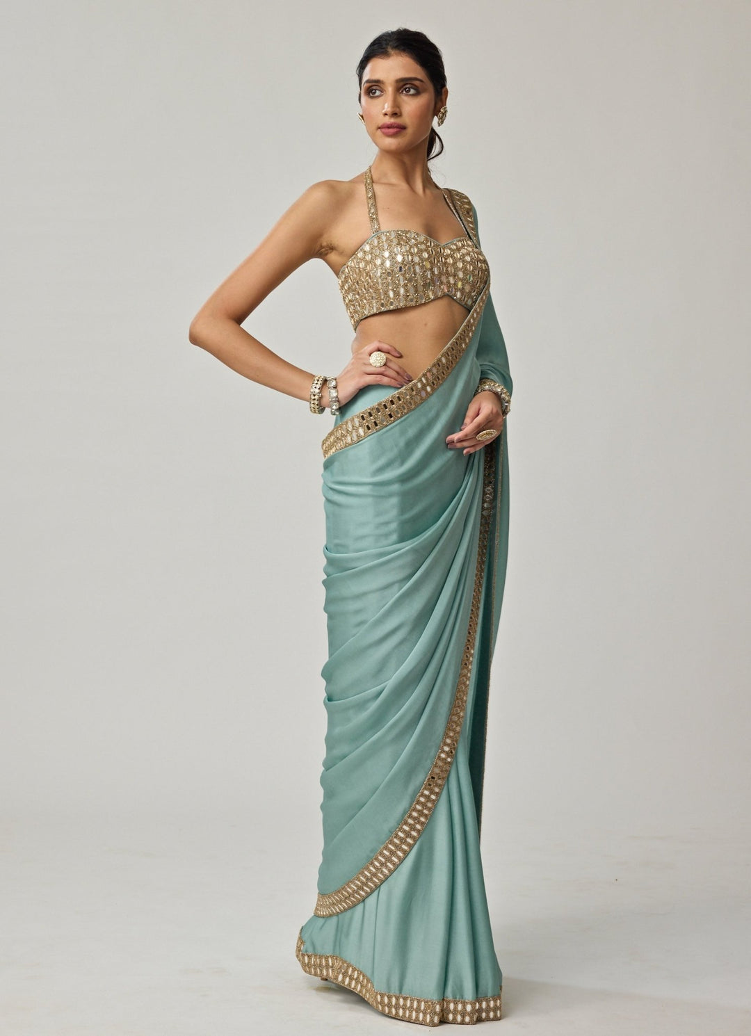 Powder Blue Mirror Embroidered Satin Saree Set Vvani by Vani Vats - Fabilicious Fashion