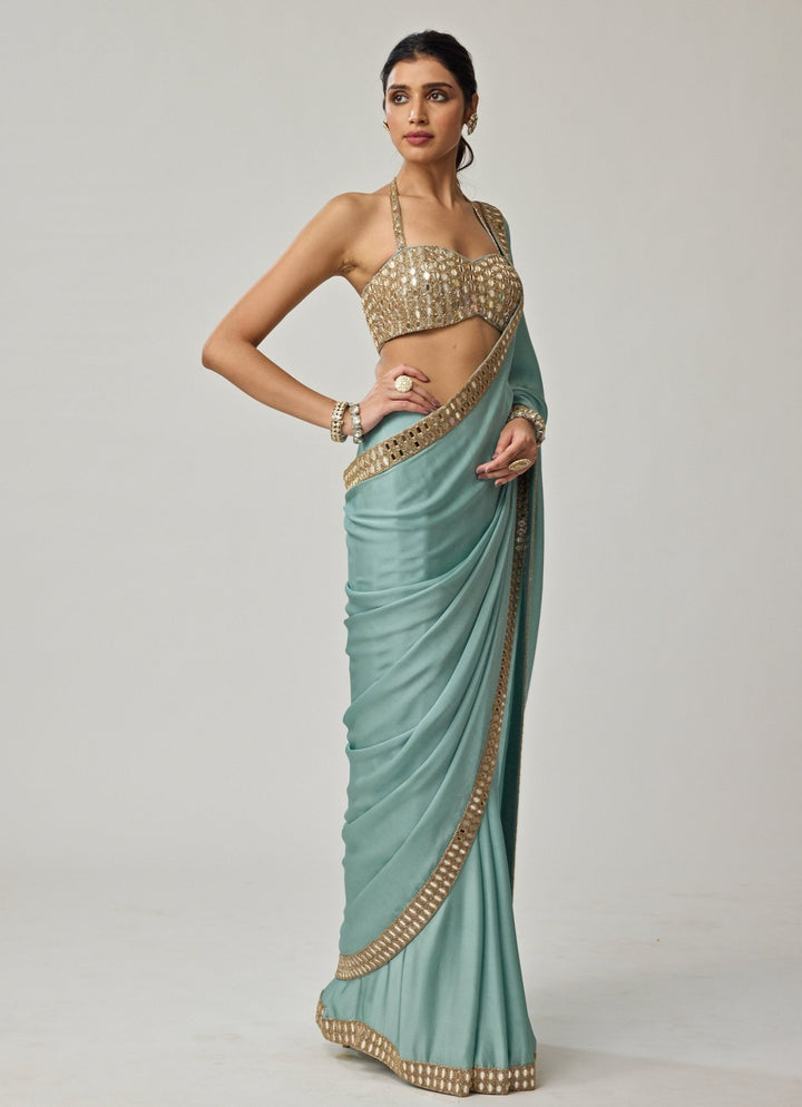 Powder Blue Mirror Embroidered Satin Saree Set Vvani by Vani Vats - Fabilicious Fashion