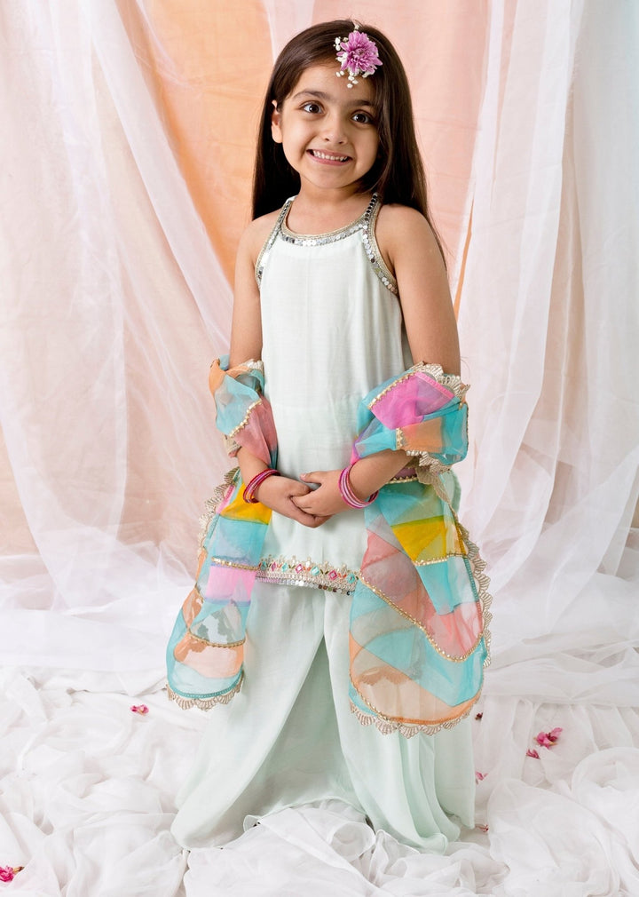 Chotibuti Powder Blue Muslin Kurta Sharara Set With Multicolour DupattaFabilicious Fashion