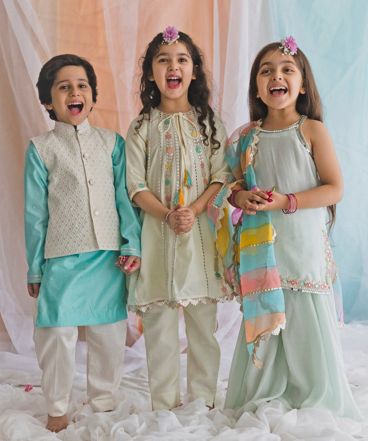 Chotibuti Powder Blue Muslin Kurta Sharara Set With Multicolour DupattaFabilicious Fashion