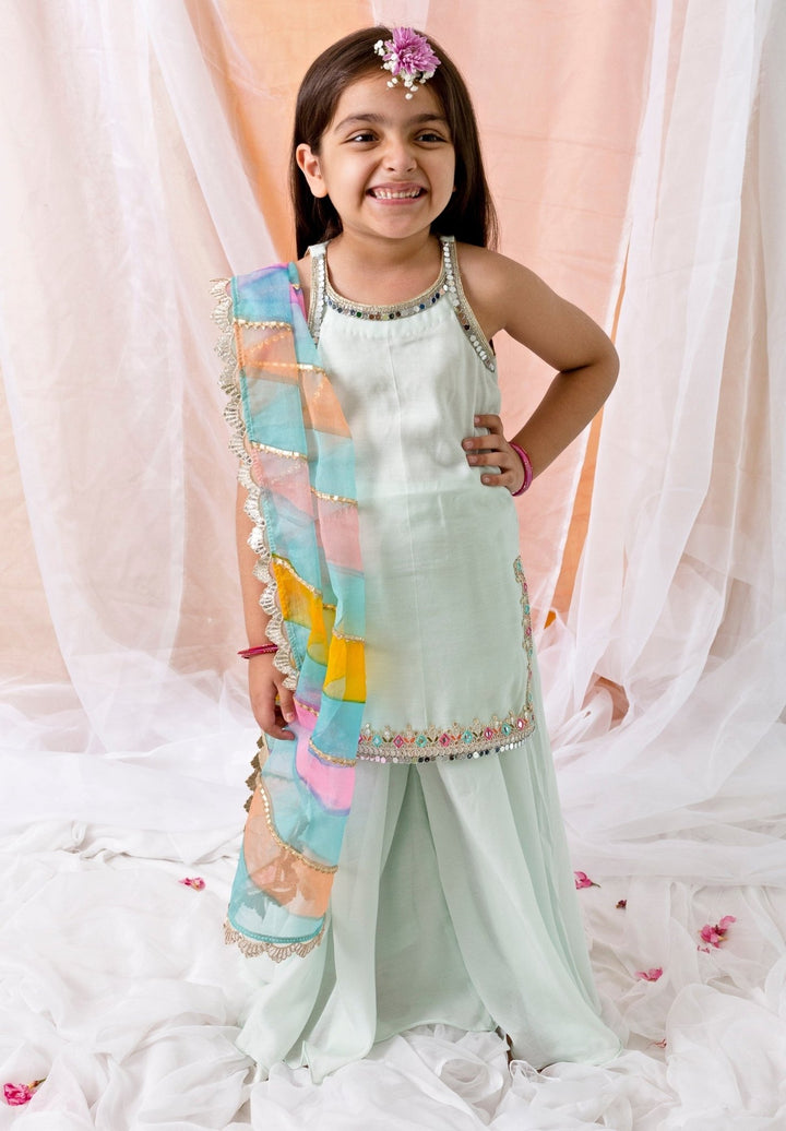 Chotibuti Powder Blue Muslin Kurta Sharara Set With Multicolour DupattaFabilicious Fashion
