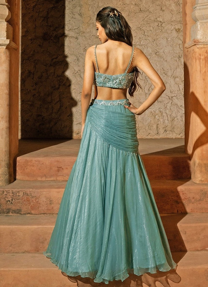 Powder Blue Organza Cowl Lehenga Set Silky Bindra - Fabilicious Fashion