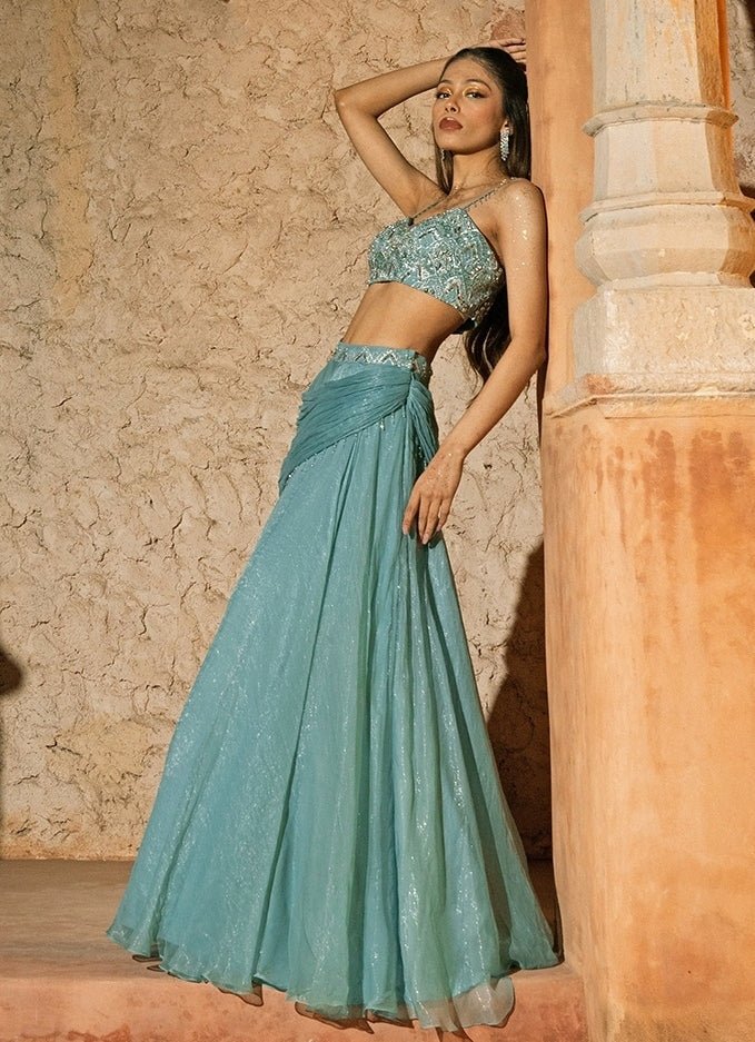 Powder Blue Organza Cowl Lehenga Set Silky Bindra - Fabilicious Fashion
