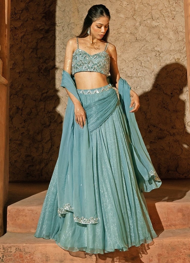 Powder Blue Organza Cowl Lehenga Set Silky Bindra - Fabilicious Fashion