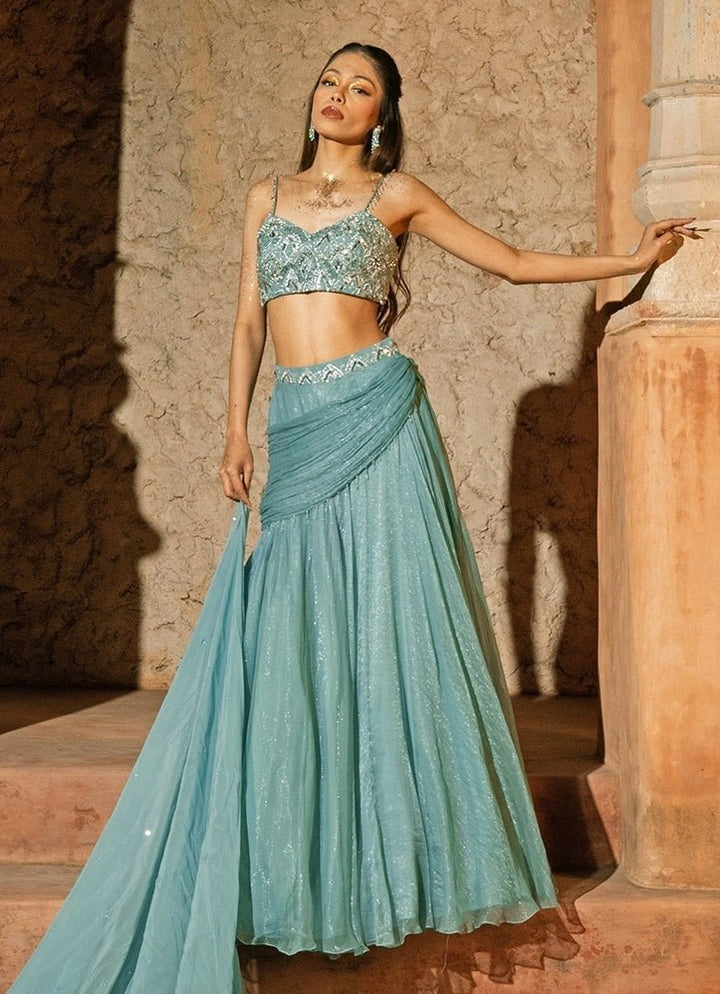 Powder Blue Organza Cowl Lehenga Set Silky Bindra - Fabilicious Fashion
