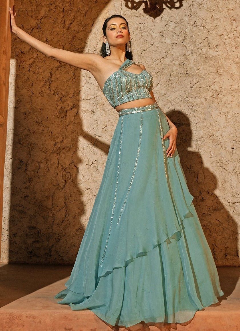 Powder Blue Organza Drape Panelled Lehenga With Corset Silky Bindra - Fabilicious Fashion