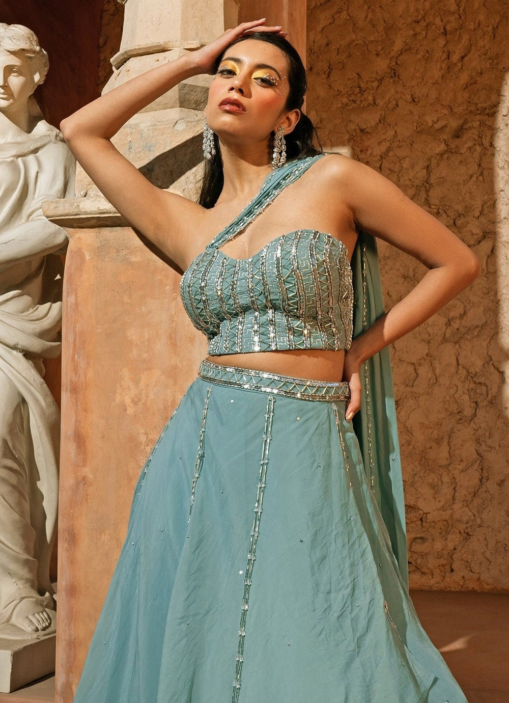 Powder Blue Organza Drape Panelled Lehenga With Corset Silky Bindra - Fabilicious Fashion