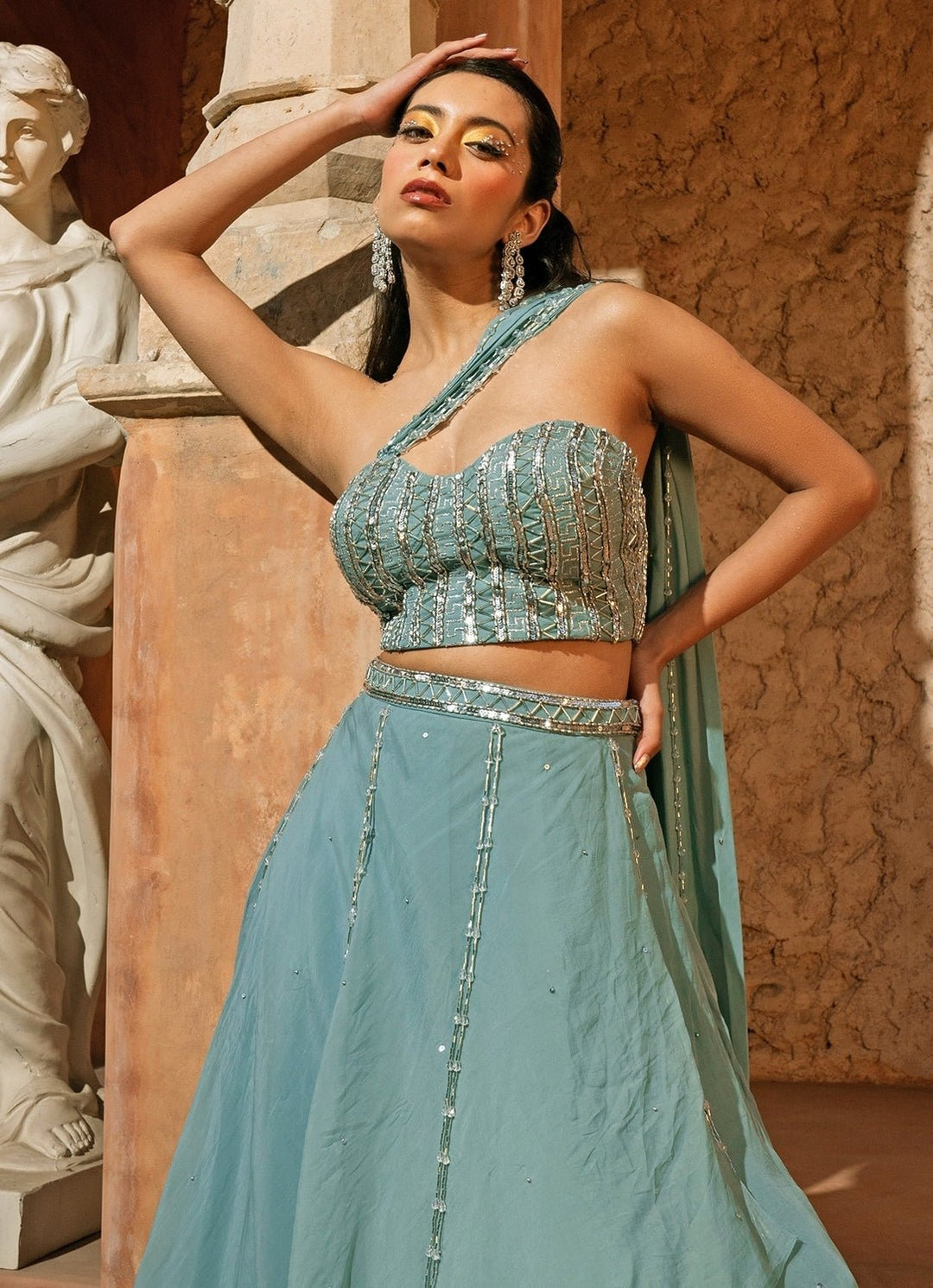 Powder Blue Organza Drape Panelled Lehenga With Corset Silky Bindra - Fabilicious Fashion