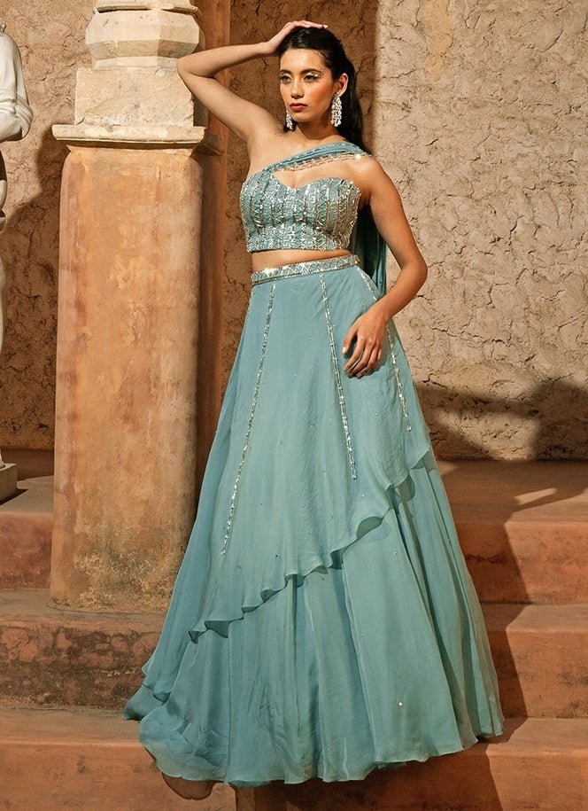 Powder Blue Organza Drape Panelled Lehenga With Corset Silky Bindra - Fabilicious Fashion