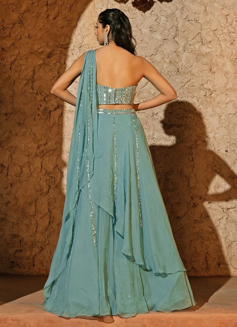 Powder Blue Organza Drape Panelled Lehenga With Corset Silky Bindra - Fabilicious Fashion