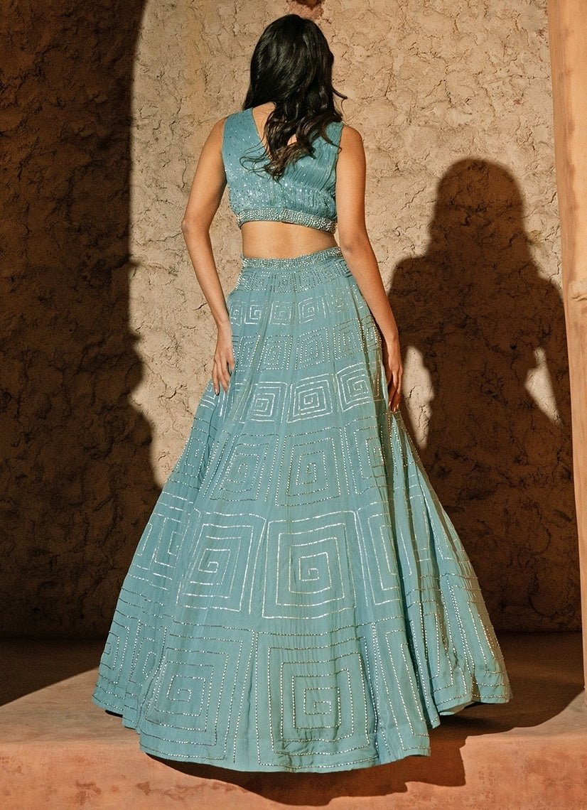Powder Blue Organza Lehenga Set With Ruched Blouse Silky Bindra - Fabilicious Fashion
