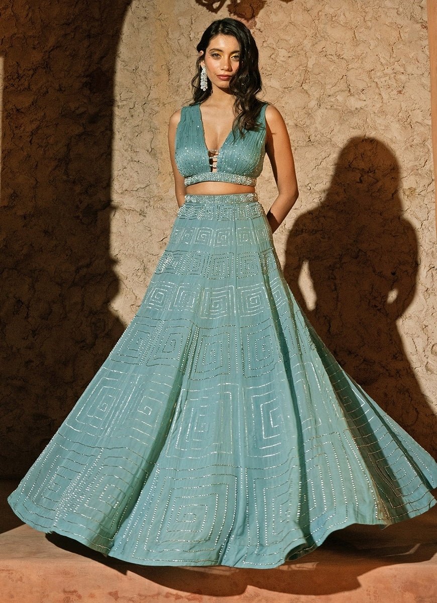 Powder Blue Organza Lehenga Set With Ruched Blouse Silky Bindra - Fabilicious Fashion