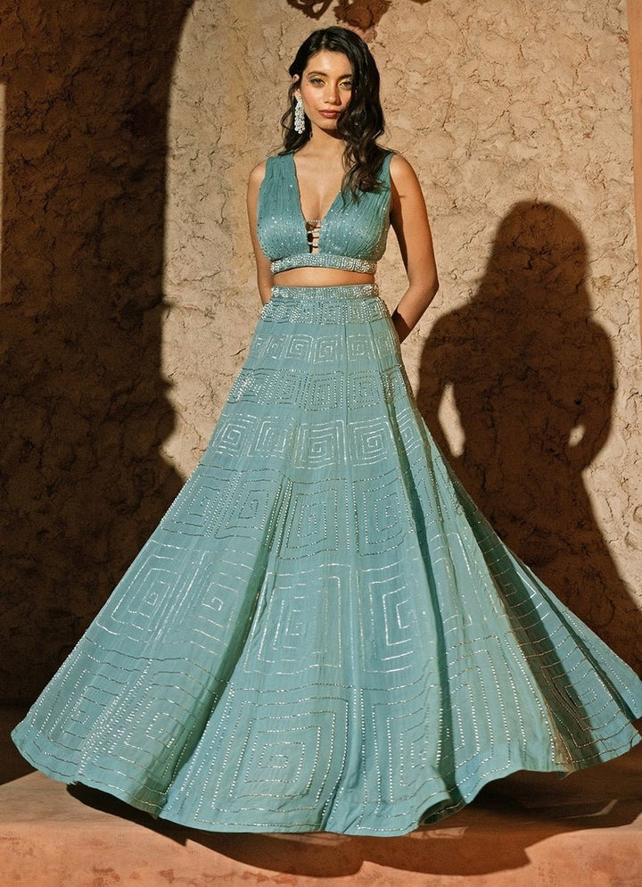 Powder Blue Organza Lehenga Set With Ruched Blouse Silky Bindra - Fabilicious Fashion