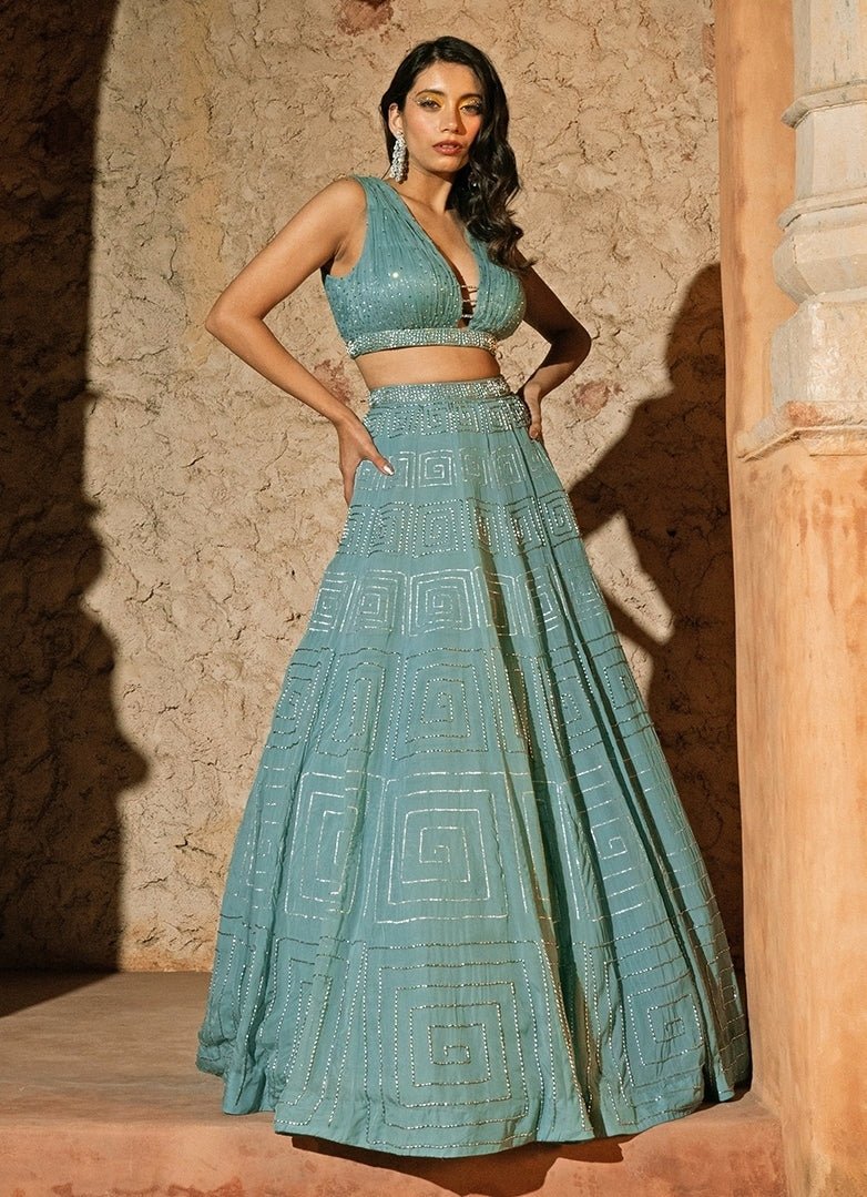 Powder Blue Organza Lehenga Set With Ruched Blouse Silky Bindra - Fabilicious Fashion