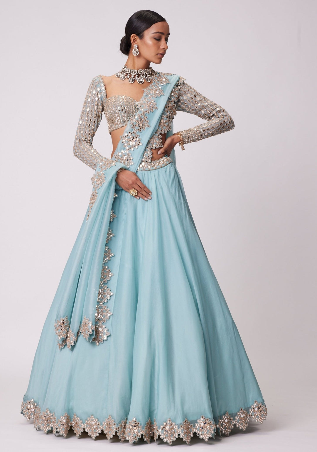 Powder Blue Organza Lehenga With Embroidered Full Sleeves Blouse Vvani by Vani Vats - Fabilicious Fashion