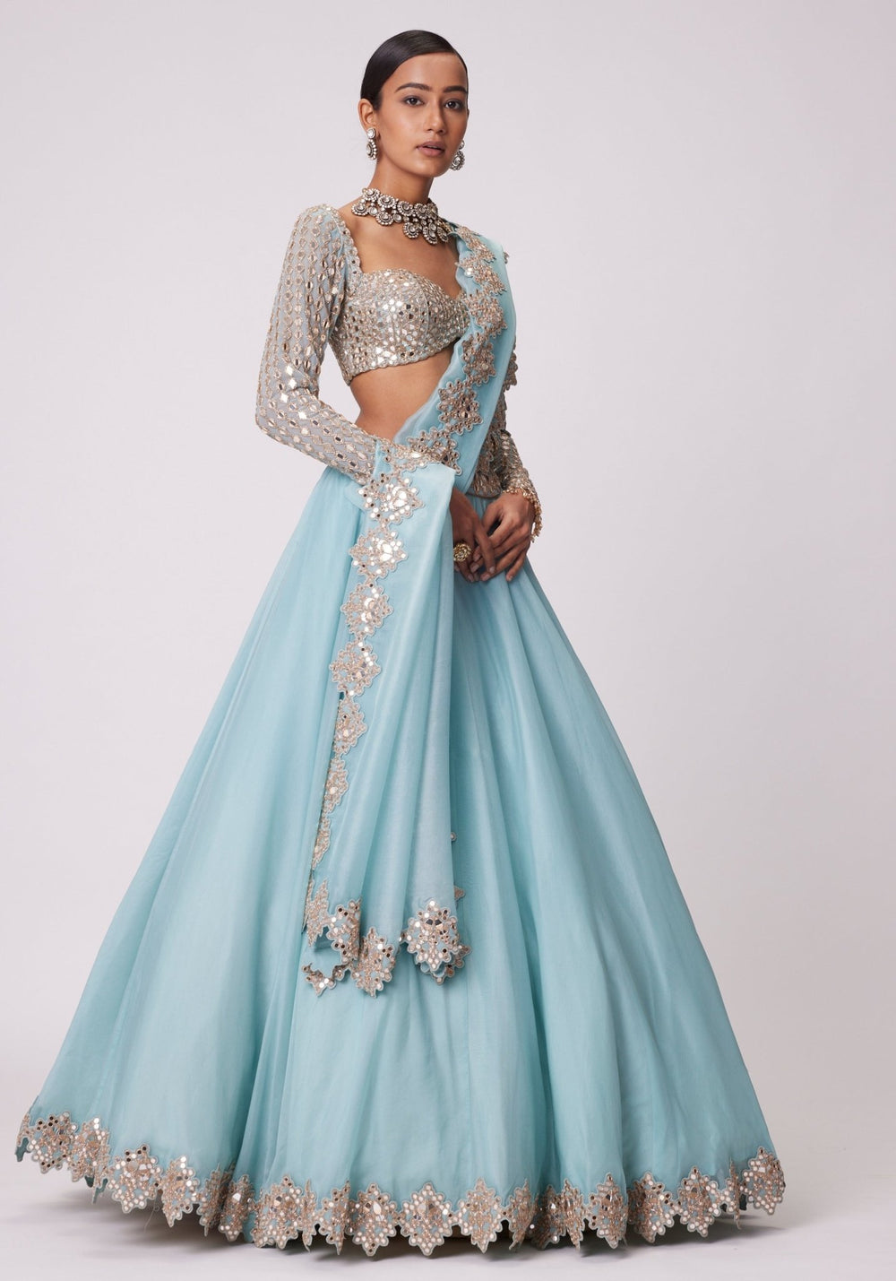 Powder Blue Organza Lehenga With Embroidered Full Sleeves Blouse Vvani by Vani Vats - Fabilicious Fashion