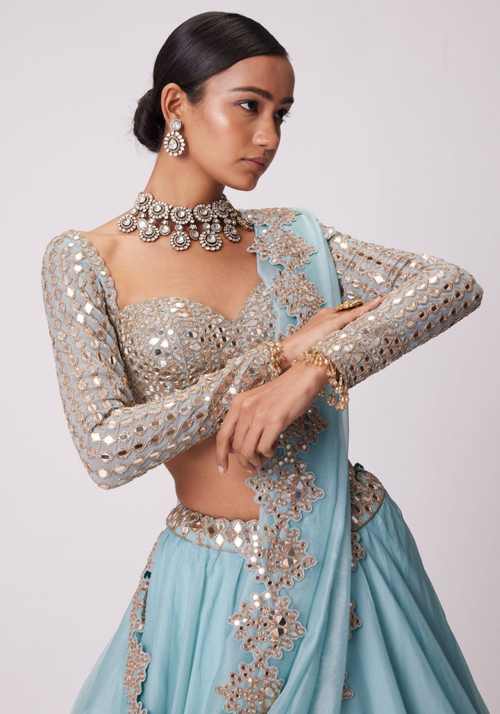 Powder Blue Organza Lehenga With Embroidered Full Sleeves Blouse Vvani by Vani Vats - Fabilicious Fashion