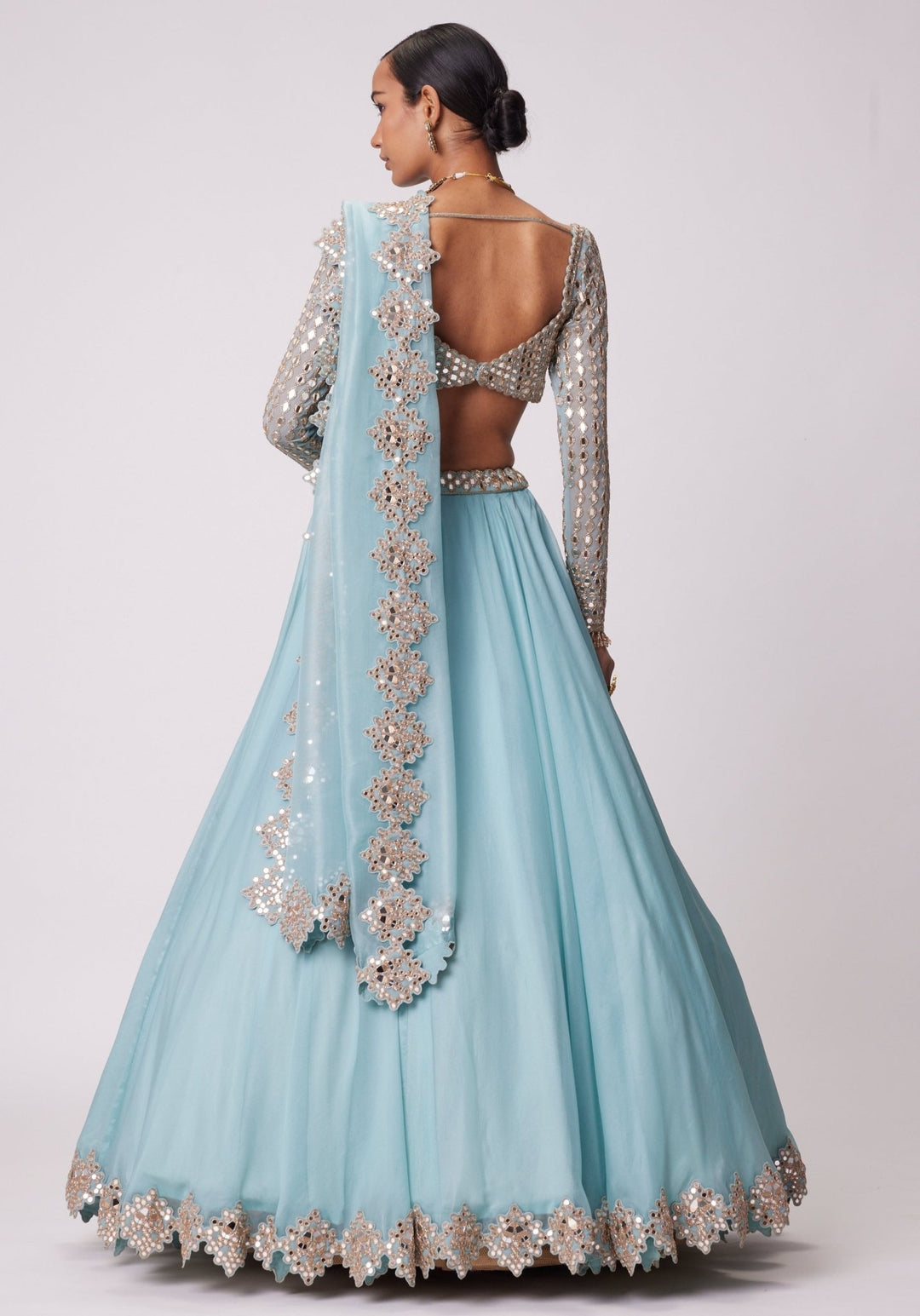 Powder Blue Organza Lehenga With Embroidered Full Sleeves Blouse Vvani by Vani Vats - Fabilicious Fashion