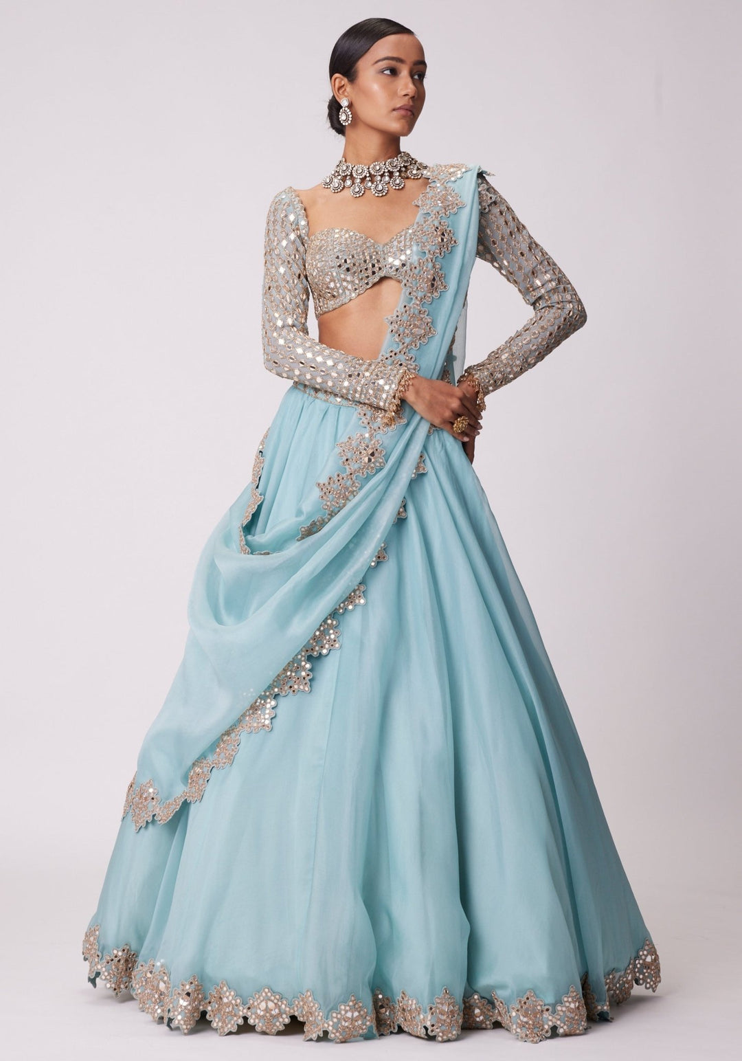 Powder Blue Organza Lehenga With Embroidered Full Sleeves Blouse Vvani by Vani Vats - Fabilicious Fashion
