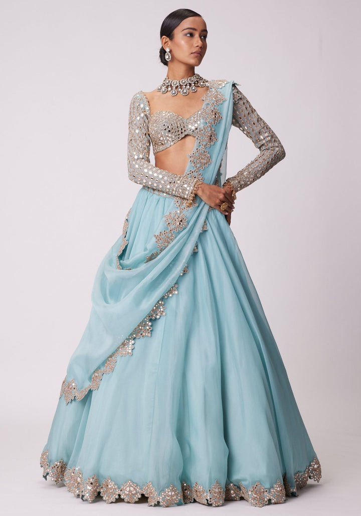 Powder Blue Organza Lehenga With Embroidered Full Sleeves Blouse Vvani by Vani Vats - Fabilicious Fashion