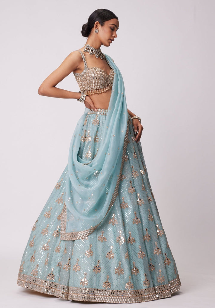 Powder Blue Organza Lehenga With Embroidered Sleeveless Blouse Vvani by Vani Vats - Fabilicious Fashion