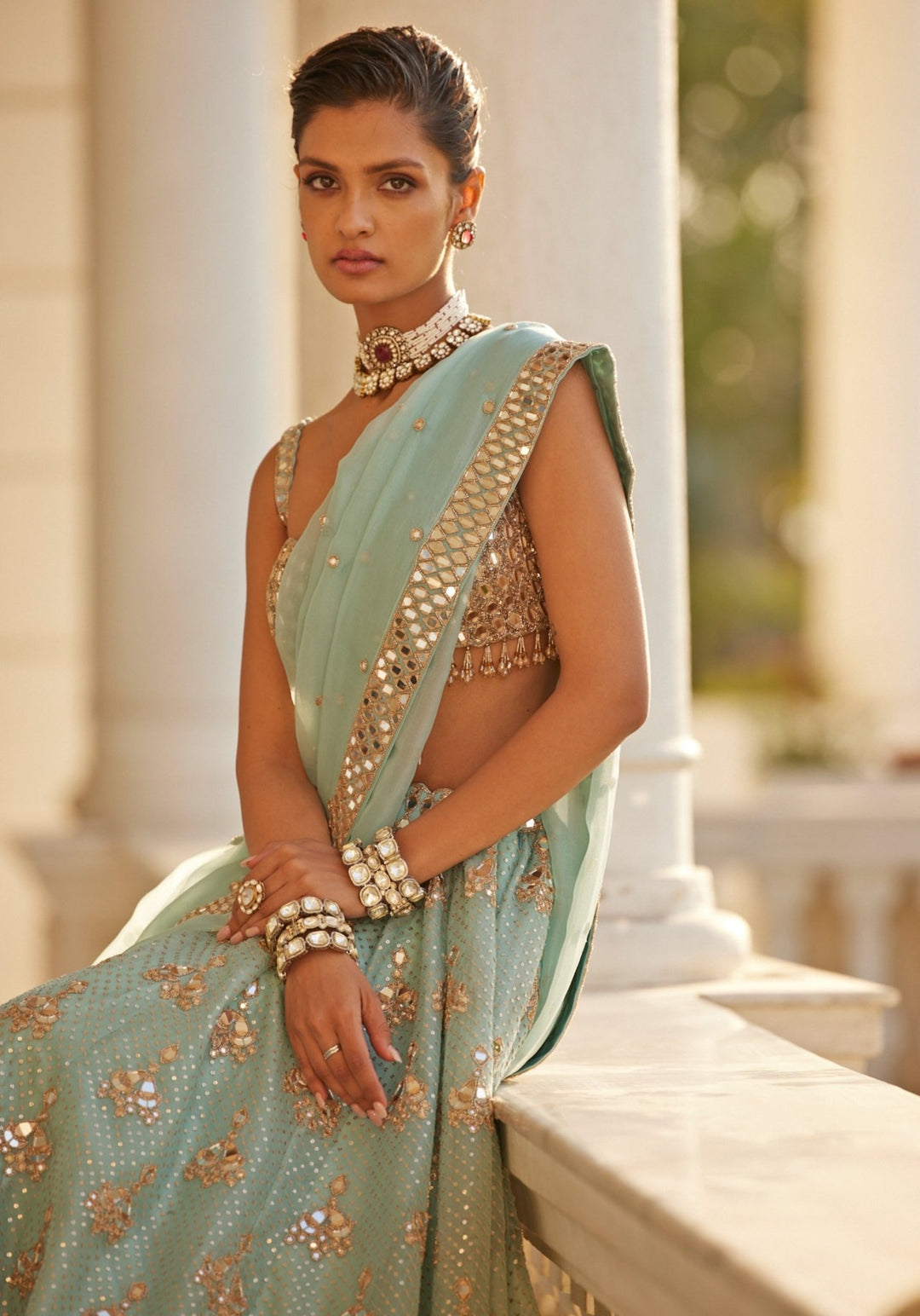 Powder Blue Organza Lehenga With Embroidered Sleeveless Blouse Vvani by Vani Vats - Fabilicious Fashion