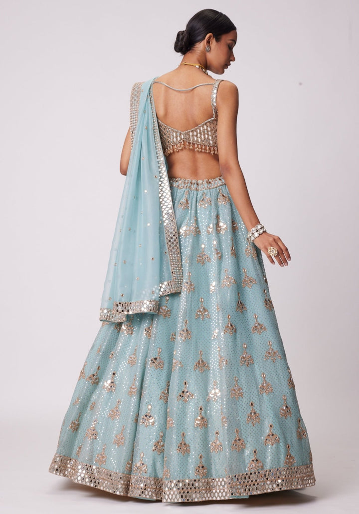 Powder Blue Organza Lehenga With Embroidered Sleeveless Blouse Vvani by Vani Vats - Fabilicious Fashion