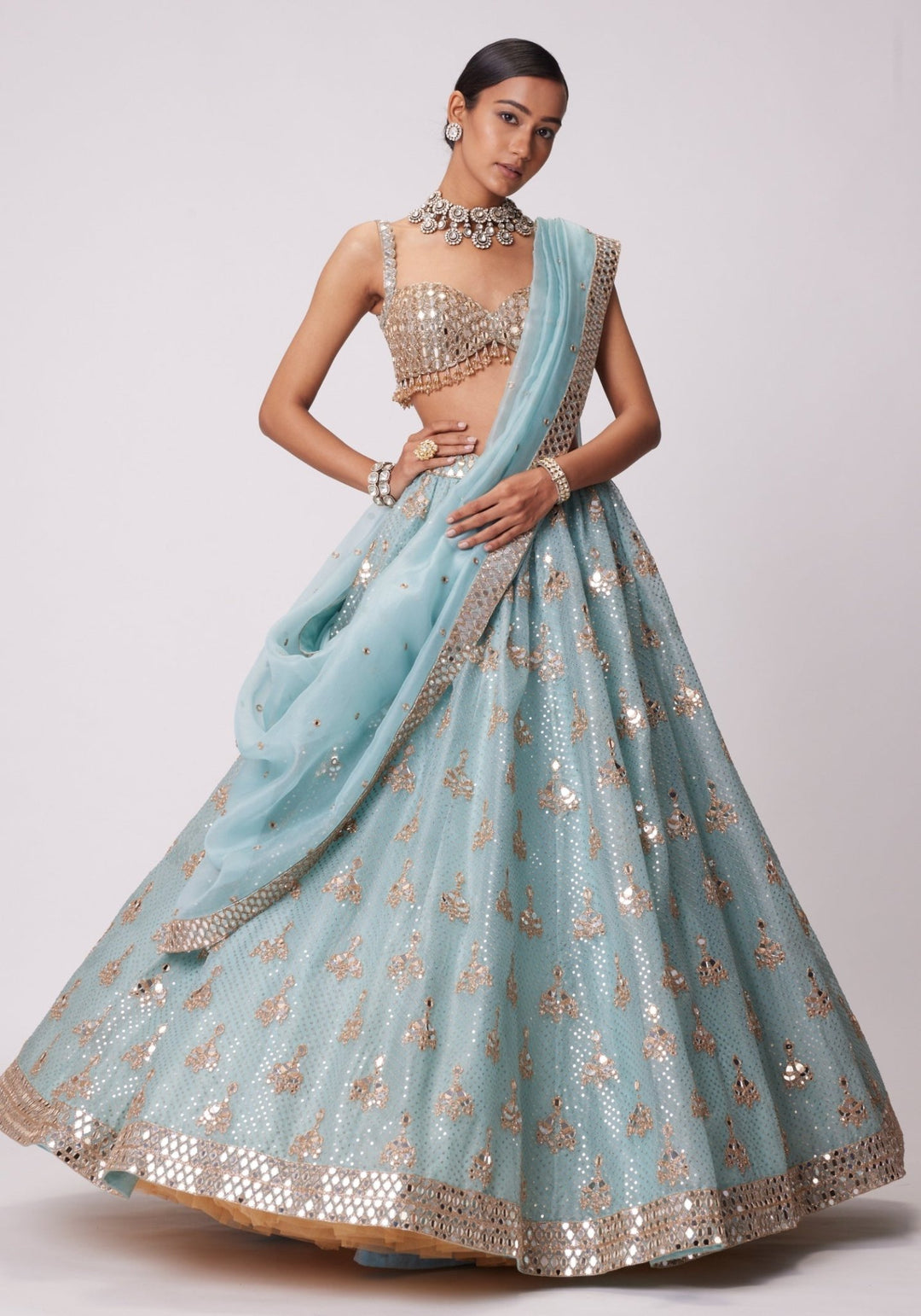 Powder Blue Organza Lehenga With Embroidered Sleeveless Blouse Vvani by Vani Vats - Fabilicious Fashion