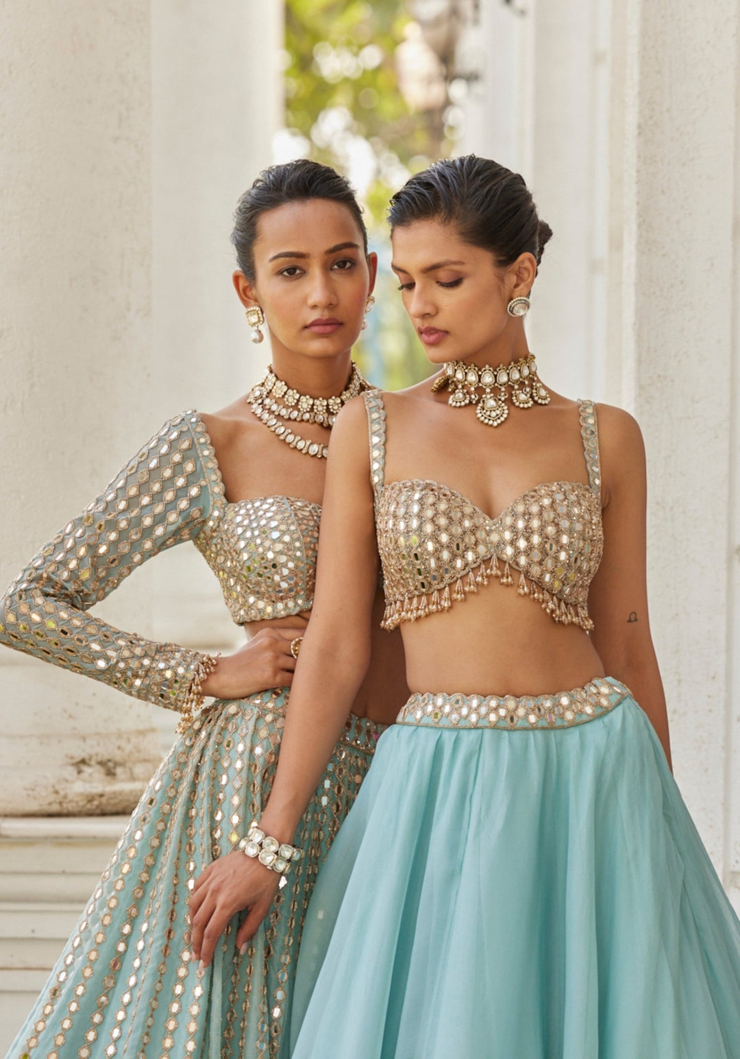 Powder Blue Organza Lehenga With Sleeveless Embroidered Blouse Vvani by Vani Vats - Fabilicious Fashion