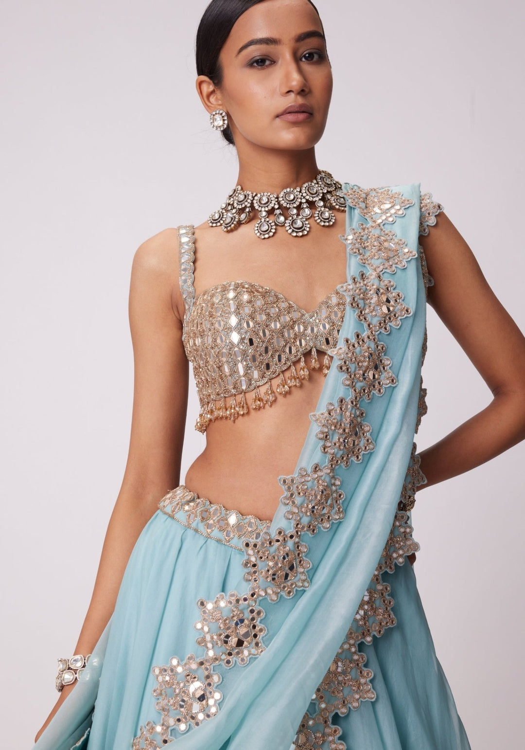 Powder Blue Organza Lehenga With Sleeveless Embroidered Blouse Vvani by Vani Vats - Fabilicious Fashion