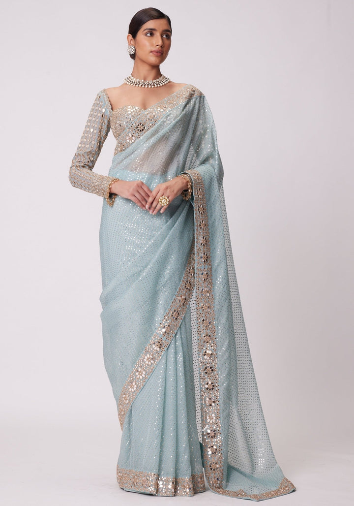 Powder Blue Organza Saree With Embroidered Mirror Blouse Vvani by Vani Vats - Fabilicious Fashion