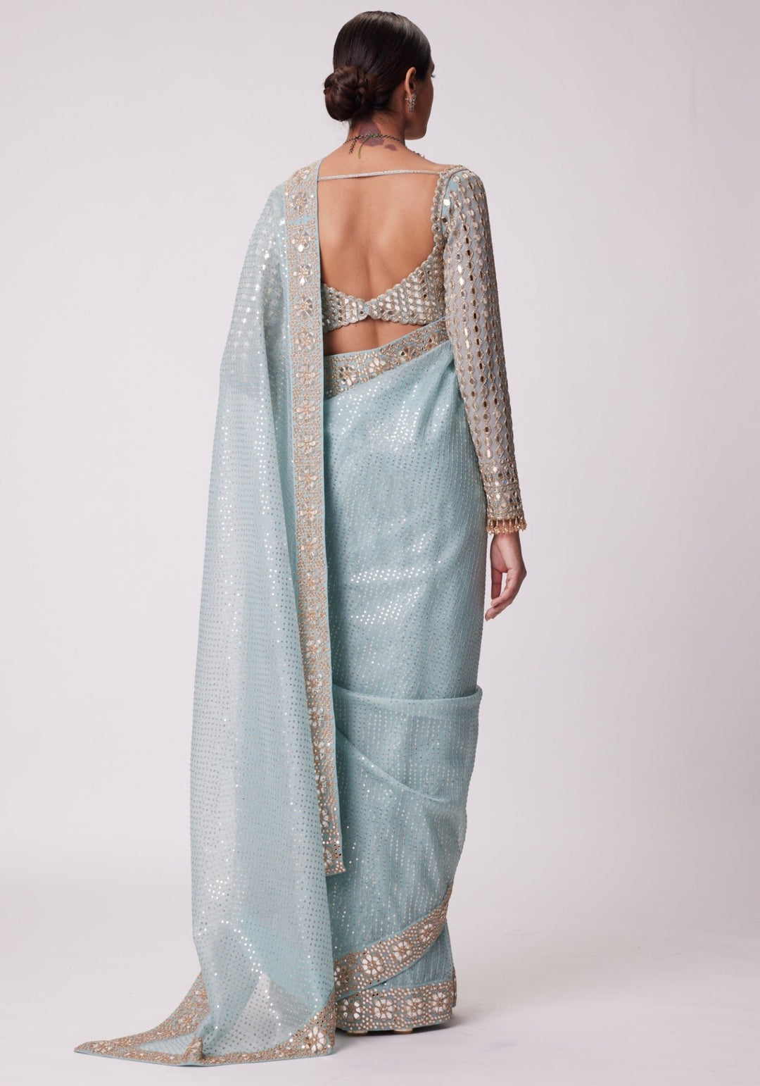 Powder Blue Organza Saree With Embroidered Mirror Blouse Vvani by Vani Vats - Fabilicious Fashion