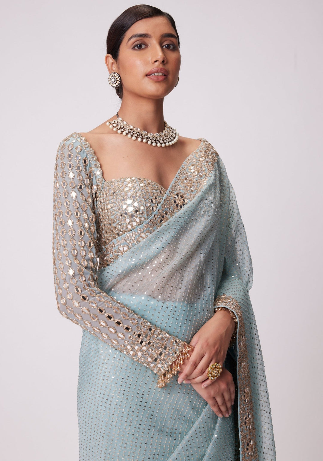 Powder Blue Organza Saree With Embroidered Mirror Blouse Vvani by Vani Vats - Fabilicious Fashion